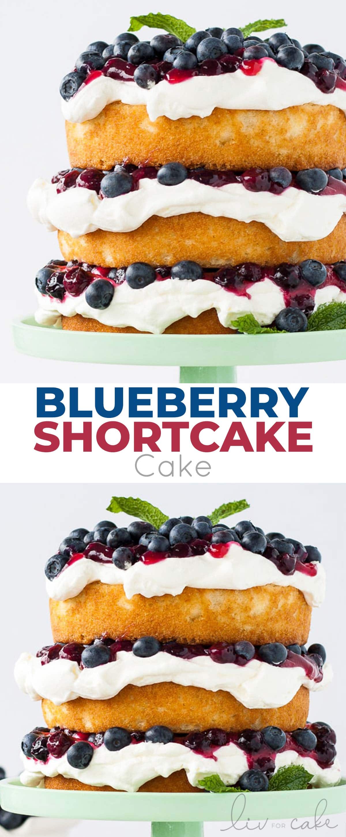This Blueberry Shortcake Cake is the perfect light dessert for summer. Layers of vanilla cake, whipped cream, blueberry sauce, and fresh blueberries. | livforcake.com Blueberry Shortcake Cake photo collage.