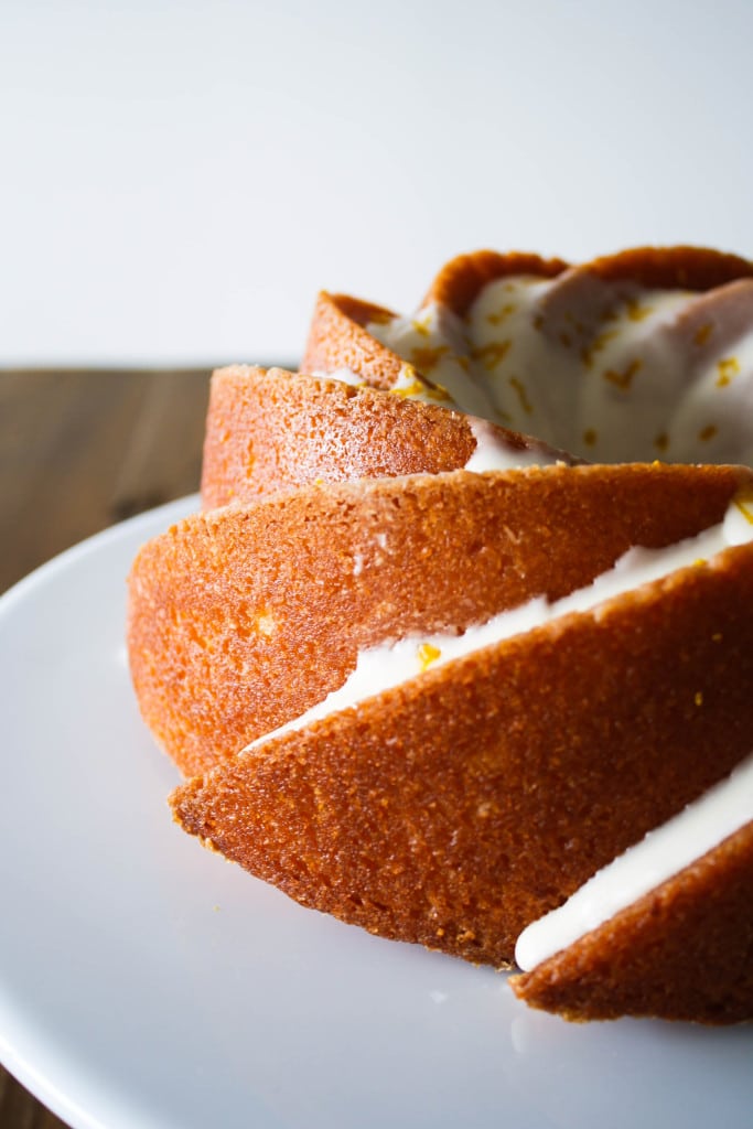 Close up of spirals on a lemon bundt cake.