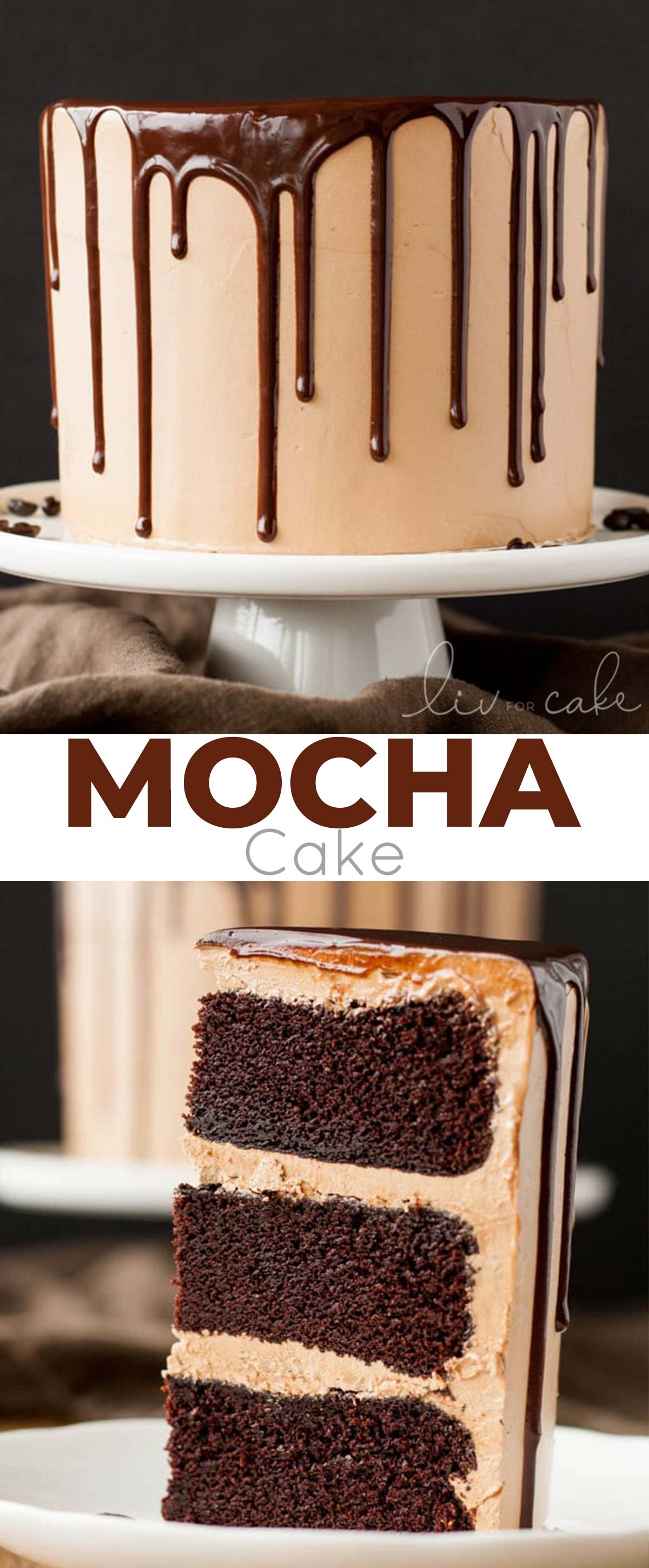 Mocha Cake! A rich dark chocolate cake with a silky mocha swiss meringue buttercream. | livforcake.com Mocha Cake Collage
